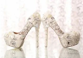 

Classic Heels White Pearl Bride Shoes New Style Pumps Bridal Wedding Dress Shoes Formal Prom Rhinestone Crystal Shoes