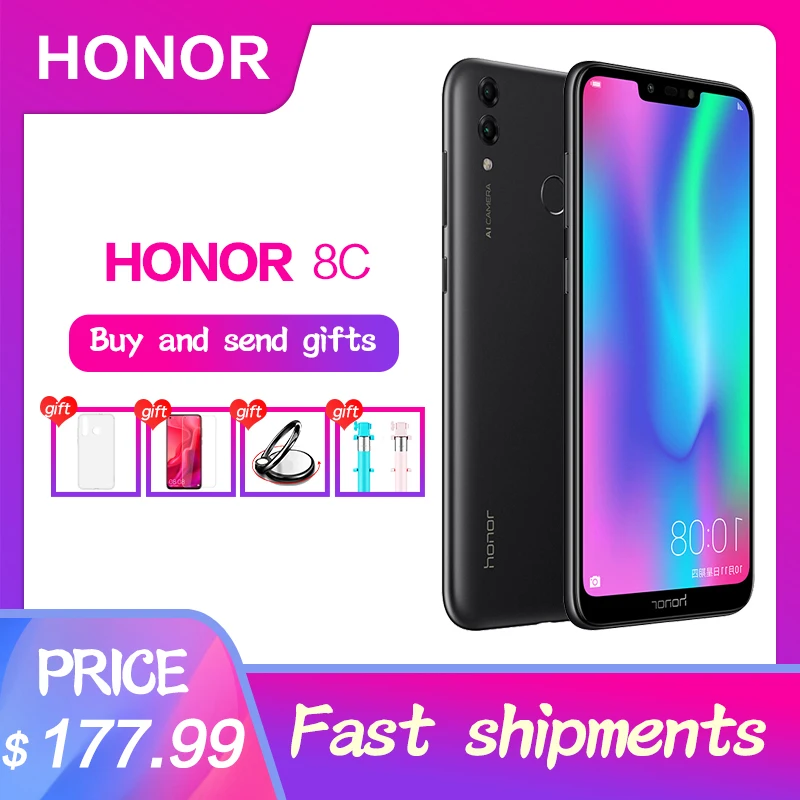 

Honor Original 8C Global Firmware Octa Core Smartphone 6.26''Full Screen HD+1520x720 4000Mah 3 Cards VoLTE Face ID