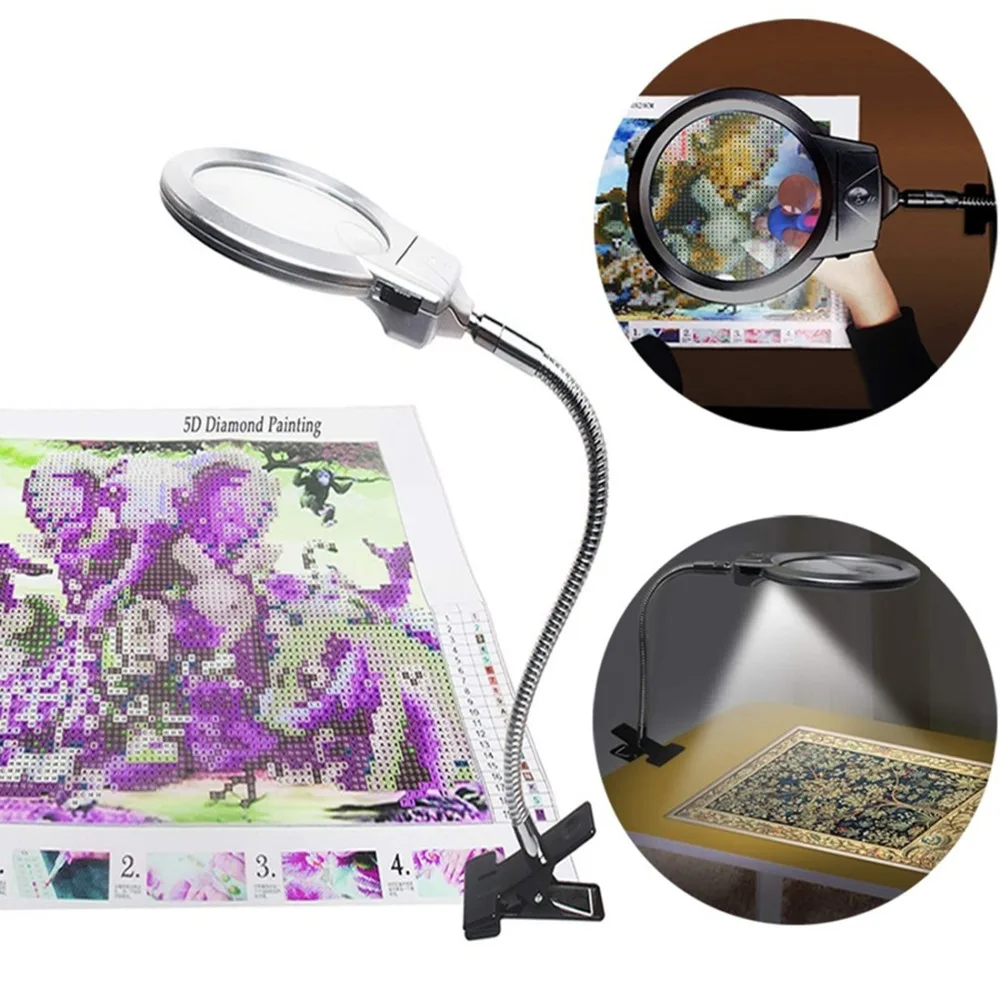 New Diamond Painting Magnifying Glass Desktop LED Reading Lamp Large Lens Magnifying Glass Diamond Mosaic Beaded Lighting Tools