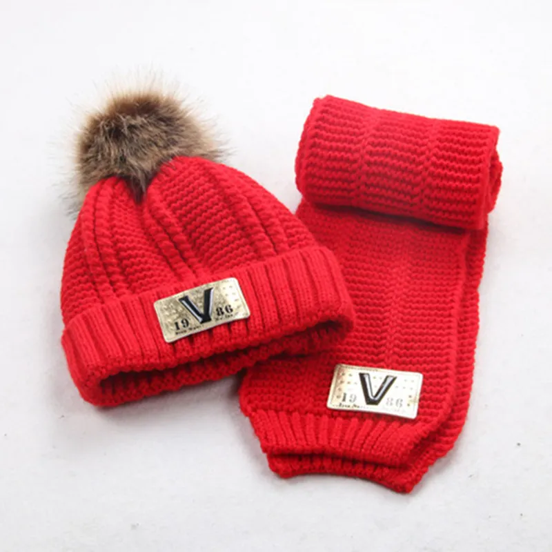 Najtaniej Zima dziecko dzieci chłopiec dziewczyny stałe czapki szalik ciepła wełna dzianiny uroczy list kapelusz + czapka szalik 2 sztuk zestaw dzieci szyi cieplej Cap