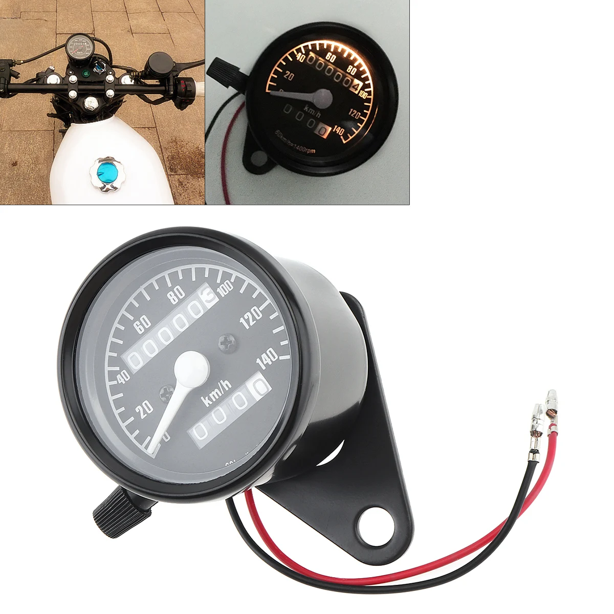 

Motorcycle Odometer 12V Black Retro Yellow Light Double Mileage Kilometers Speedometer for Motorcycle Universal