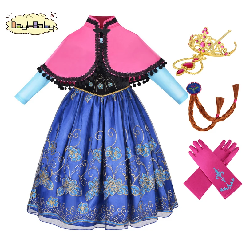 

TEAEGG Girls Princess Anna Costumes Elsa Dress Halloween Fancy Dress Up Inspired Anna Princess with Headband and Accessories
