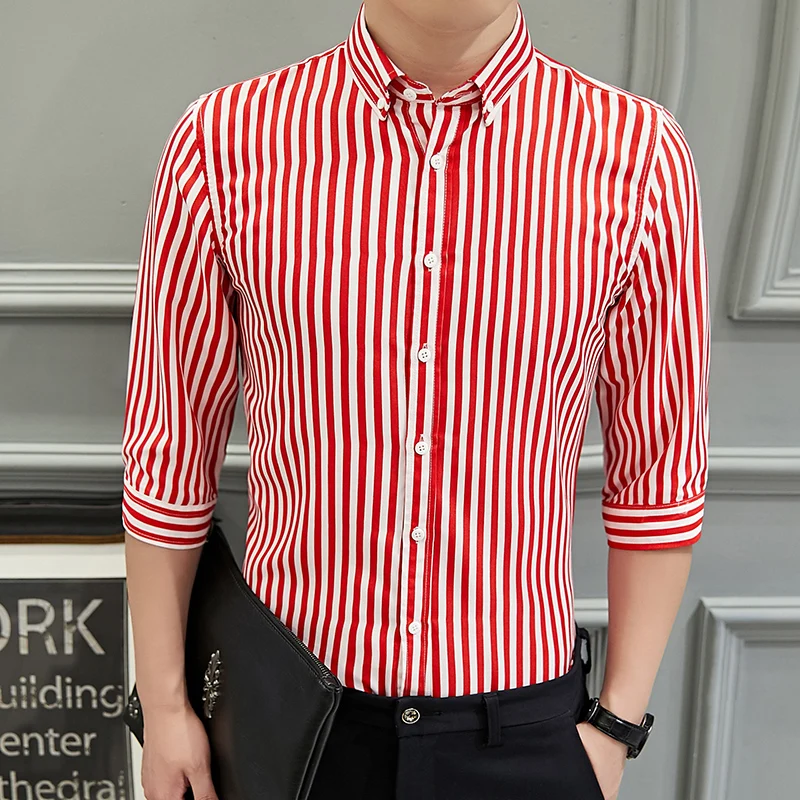 Shirts Men Summer Three Quarter Striped Shirt Simple Comfortable Mens Korean Style Daily Casual Slim Fit Plus Size Fashion Chic - Цвет: C16red
