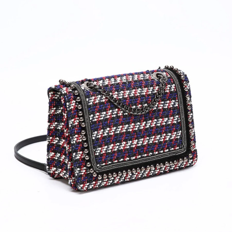 

Casual Wool Chains Bag Women Rivet Messenger Bags Designer Multicolor Lady Shoulder Bags Retro Female Crossbody Bags Chic Flap