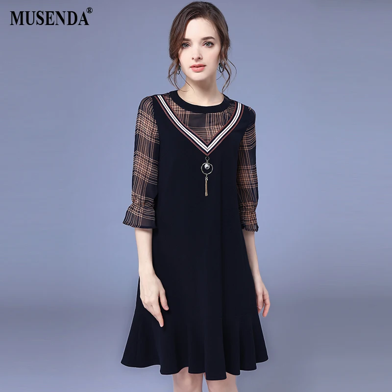 MUSENDA Plus Size Women Navy Blue Plaid Patchwork 3/4 Butterfly Sleeve ...