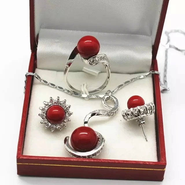 

8-12mm red shell pearl pendant stud earrings and ring(6-10#) fashion jewelry set for birthday gift (D)