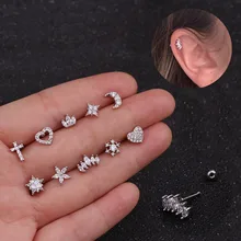 Cz Moon Star Flower Tiny Cartilage Earring Small Cartilage Stud Ear Helix Piercing Jewelry Tragus Conch Earring Stud