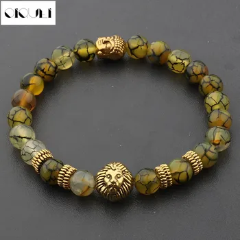 

OIQUEI Gold Metal Buddha&Lion head Beaded Bracelet Men Women Charm Crystal Natural Stone Beads Stretch Yoga Bracelets Jewelry