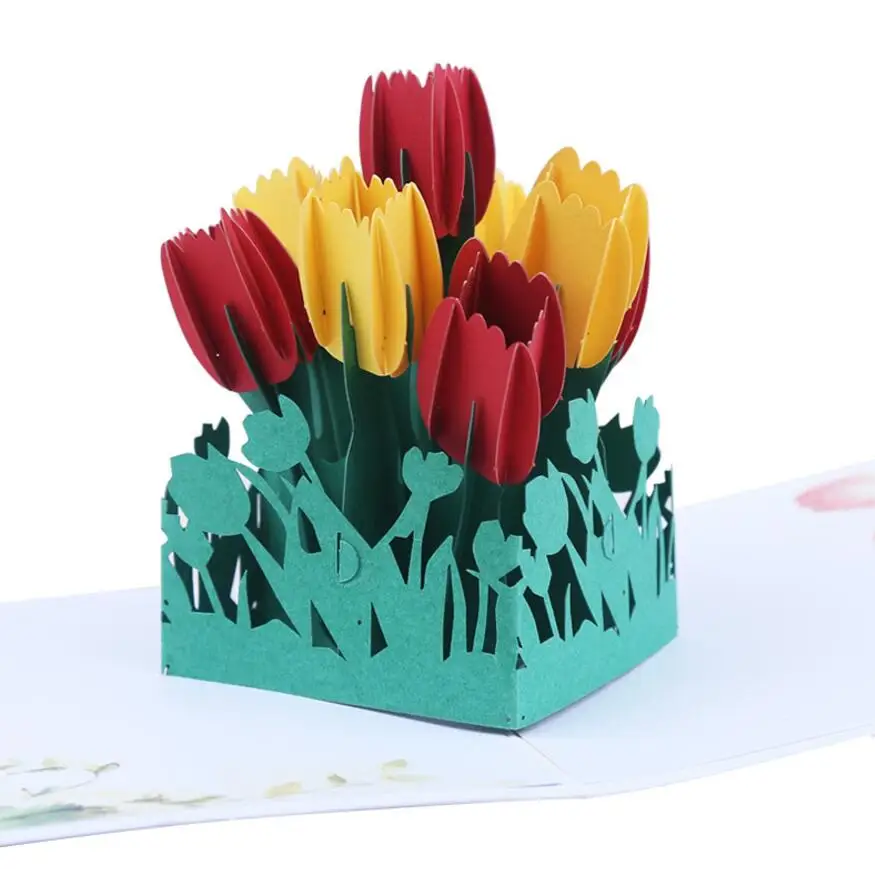  10pcs Handmade Kirigami Origami Tulips Flower 3D Pop UP Greeting Cards Invitation card For Wedding  - 32981579396