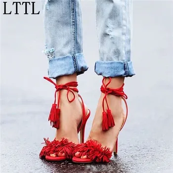 

LTTL Tasseled Ankle Strap Women Pumps Red Blue Suede Fringe Thin Heels Women Sandals Lace-Up Open Toe High Heels Shoes Woman