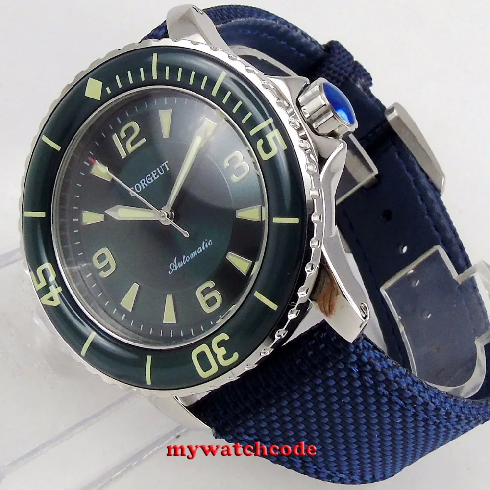 45 мм CORGEUT зеленый Циферблат черный циферблат Супер Светящиеся знаки автоматические мужские часы