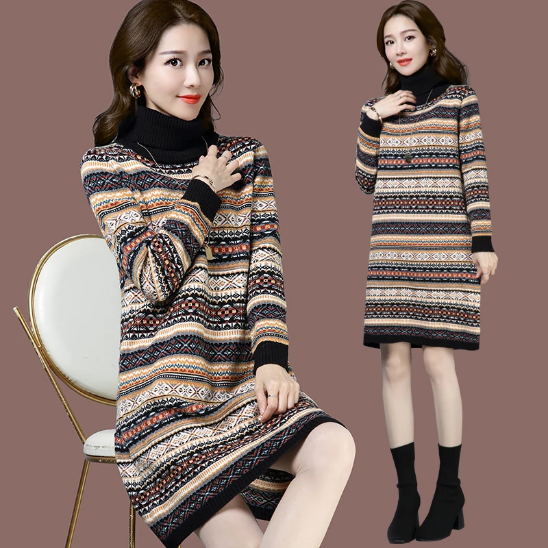

Autumn and Winter New Women Casual Sweater Dress 2019 Turtleneck Jacquard Pullover Women Mid-long Knitted Sweater Female Jumpers