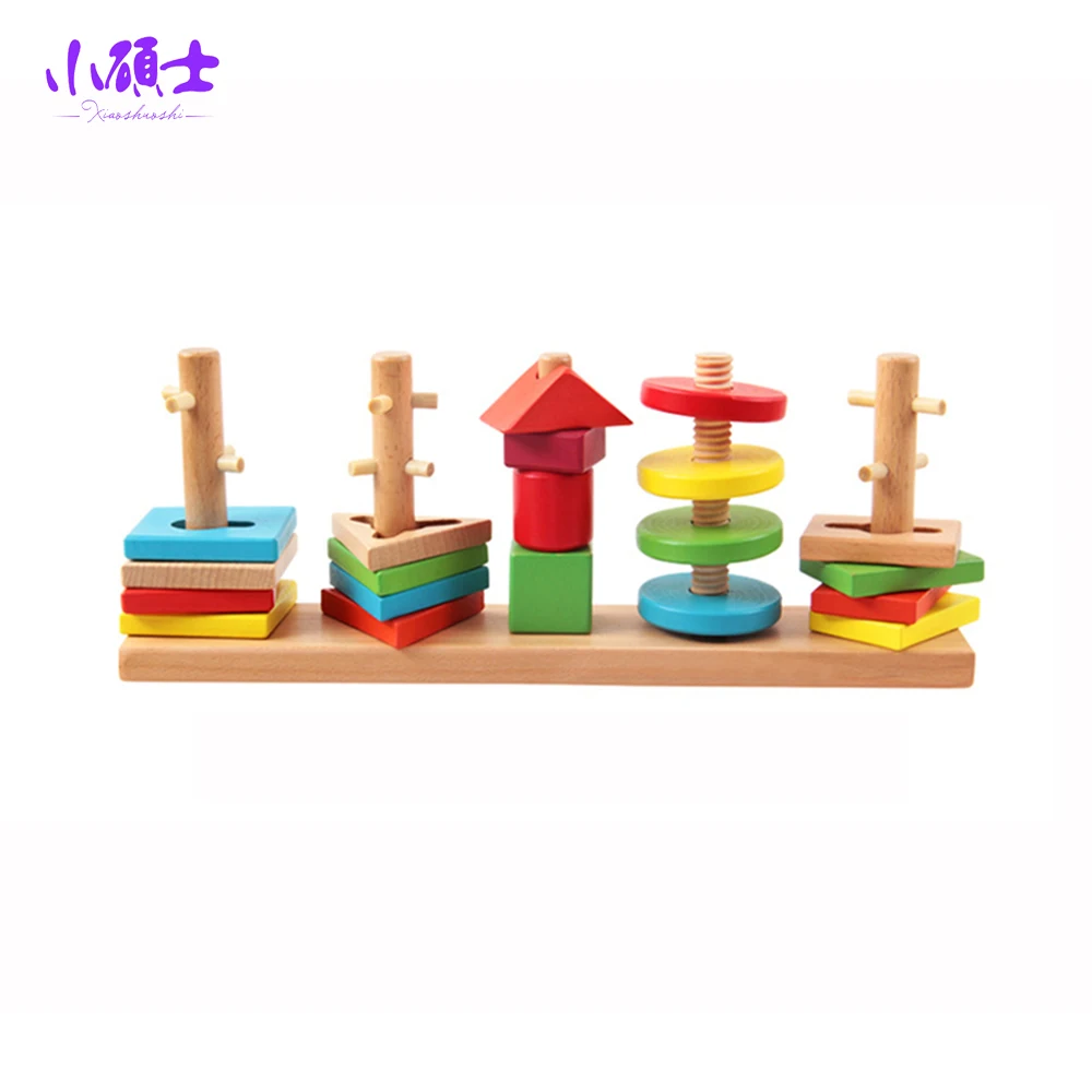 Wooden 3D Five Column Building Blocks For Children Kids Geometry Match