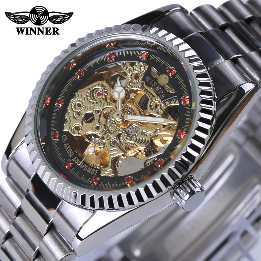 font b Winner b font Watch Women Fashion Mechanical Ladies Dress Wristwatch Red Diamond Design