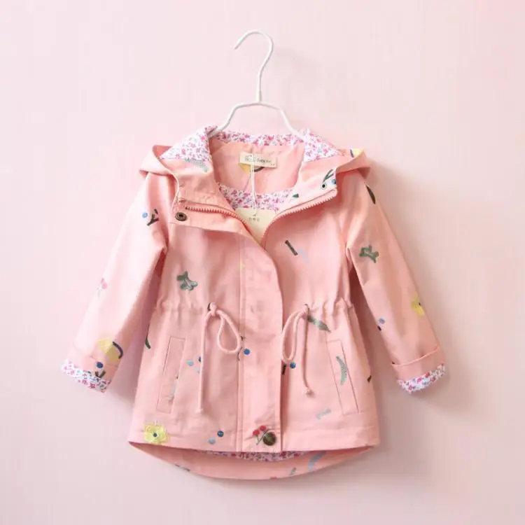 Ветровка для девочек; пальто; Новинка года; сезон весна-осень; Верхняя одежда с капюшоном и цветочной вышивкой для маленьких девочек; Детские пальто; куртка; одежда - Цвет: Pink