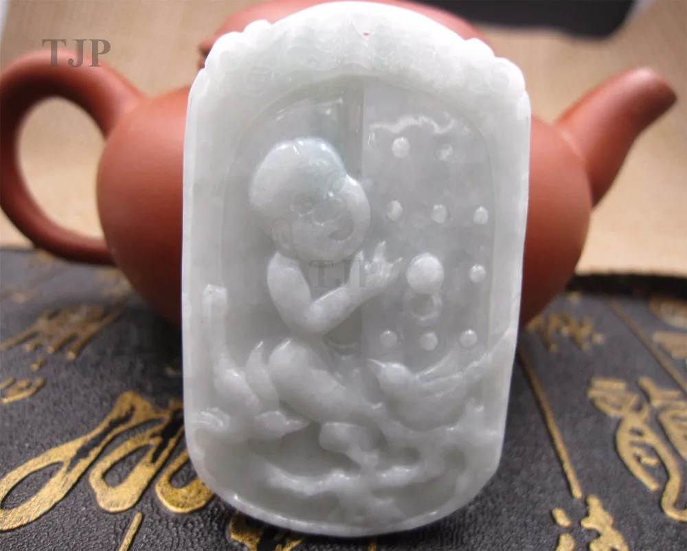 

TJP Natural grade A jadeite carved wealth bird child Sweater pendants jade with certificate together fine jewelry