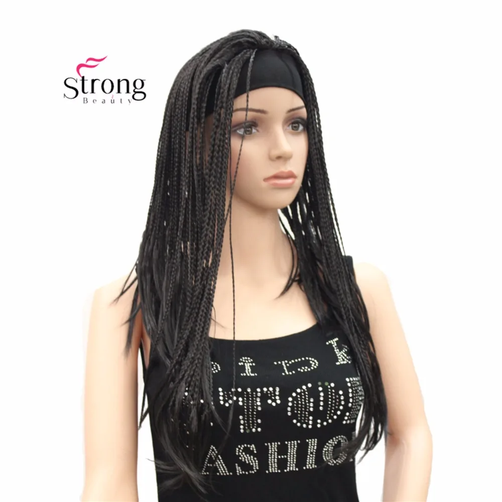 Long Black Braided HEADBAND Wig, Full Coverage Synthetic Wig Women's
