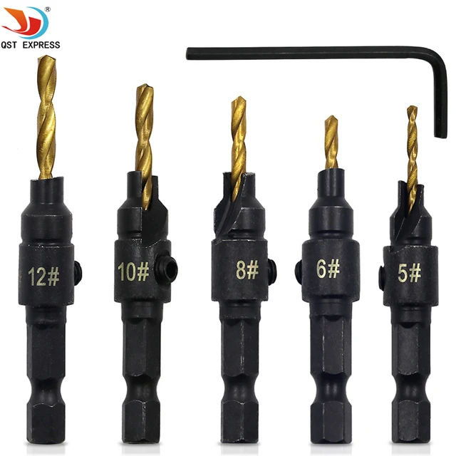 5pcs Hss Woodworking Ti Countersink Drill Bit Set Wood Countersinks