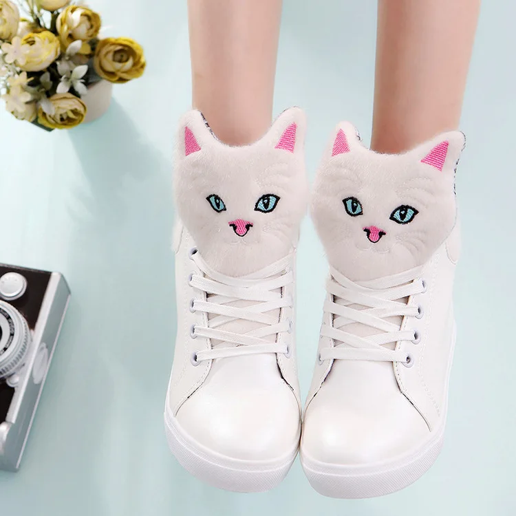 Модная женская повседневная обувь на плоской подошве; женские кроссовки с высоким берцем; сезон осень-зима; Женская Вулканизированная обувь на шнуровке с милым рисунком кота