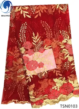 

BEAUTIFICAL Red french lace fabric 2018 Hot sale african tulle lace with stones for party dress african net lace 5yards TSN01