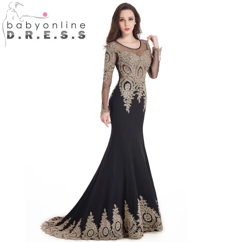 Real Photos Sexy O Neck Black Mermaid Gold Lace Long Sleeve