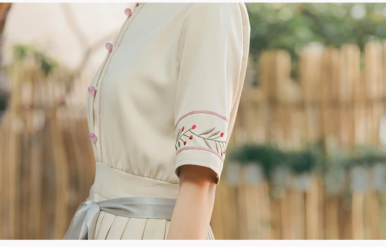 Китайское женское длинное платье династии Хань, воротник-стойка, цветы, птицы, Вышивка лентами, платье миди, летнее винтажное платье для девушек