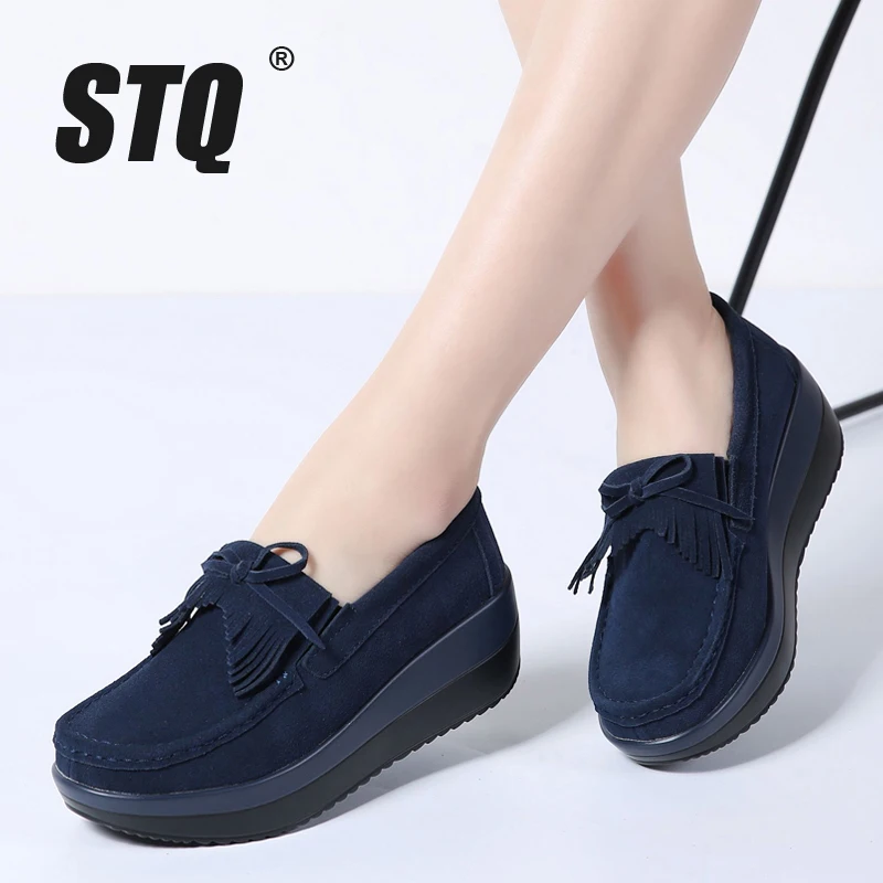 

STQ 2019 Autumn women flats thick soled platform shoes leather suede women casual sneakers fringe slip on shoes creepers 288