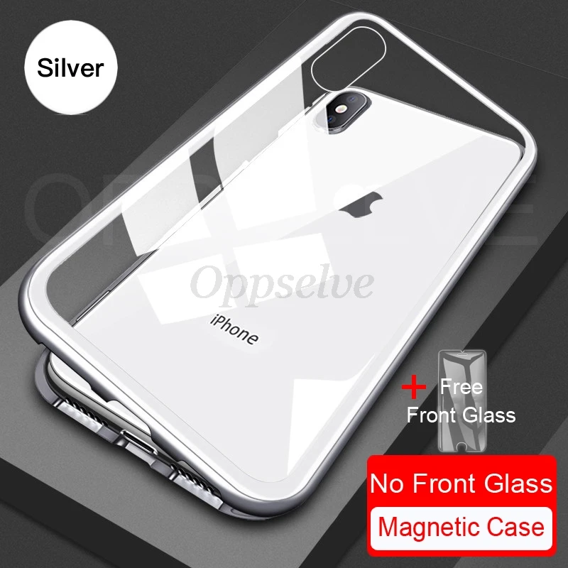 Oppselve Магнитный чехол для телефона для iPhone XR XS MAX X 8 7 6 6S Plus двусторонний чехол из закаленного стекла с металлическим магнитом Coque Capinhas - Цвет: Transparent Silver