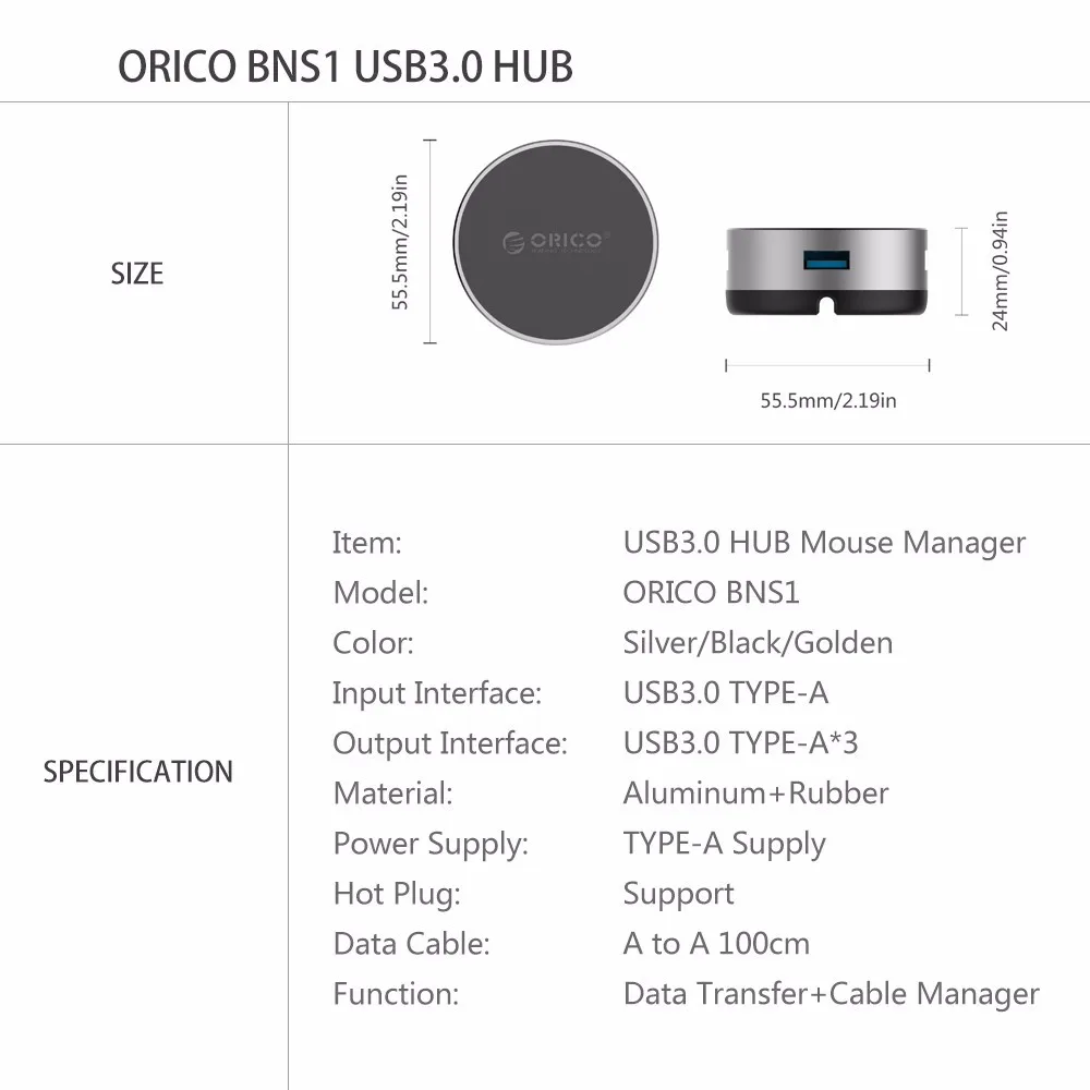 ORICO USB3.0 концентратор кабель для мыши адаптер для Notbook алюминиевый сплав 4 порта OTG разветвитель 5 Гбит/с 100 см USB кабель(BNS1