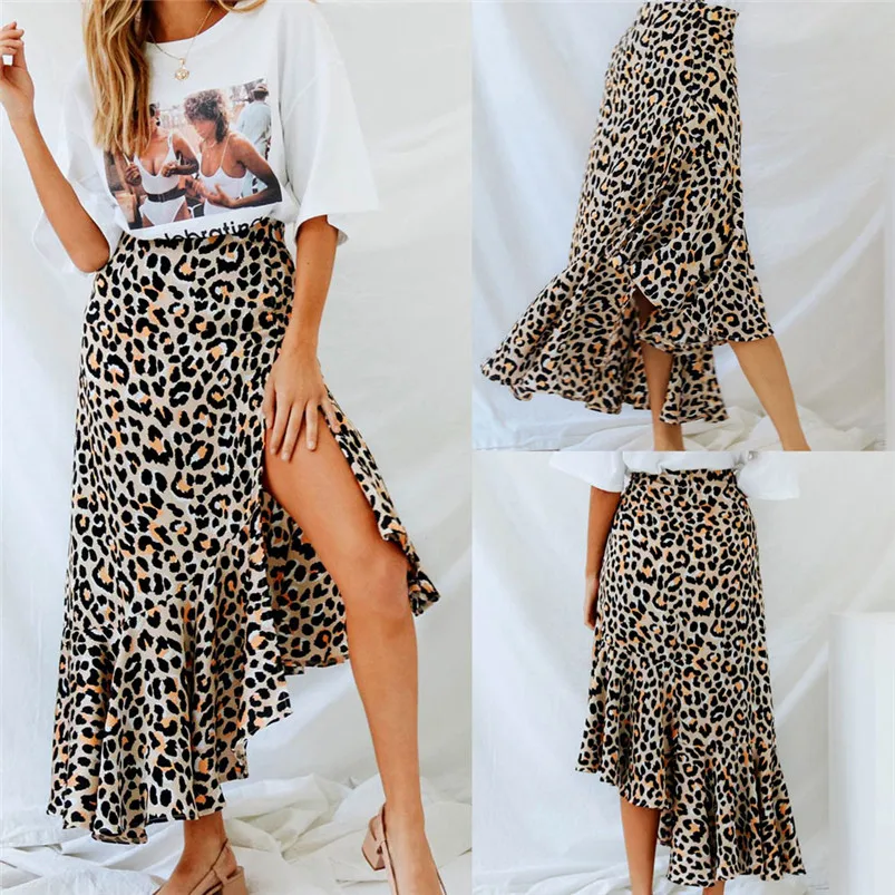 Winter Skirts Womens Leopard Print High Waist Lady Sexy Fashion Cocktail Club Long Skirt Ruffle Skirts Jupe Femme R11 (5)