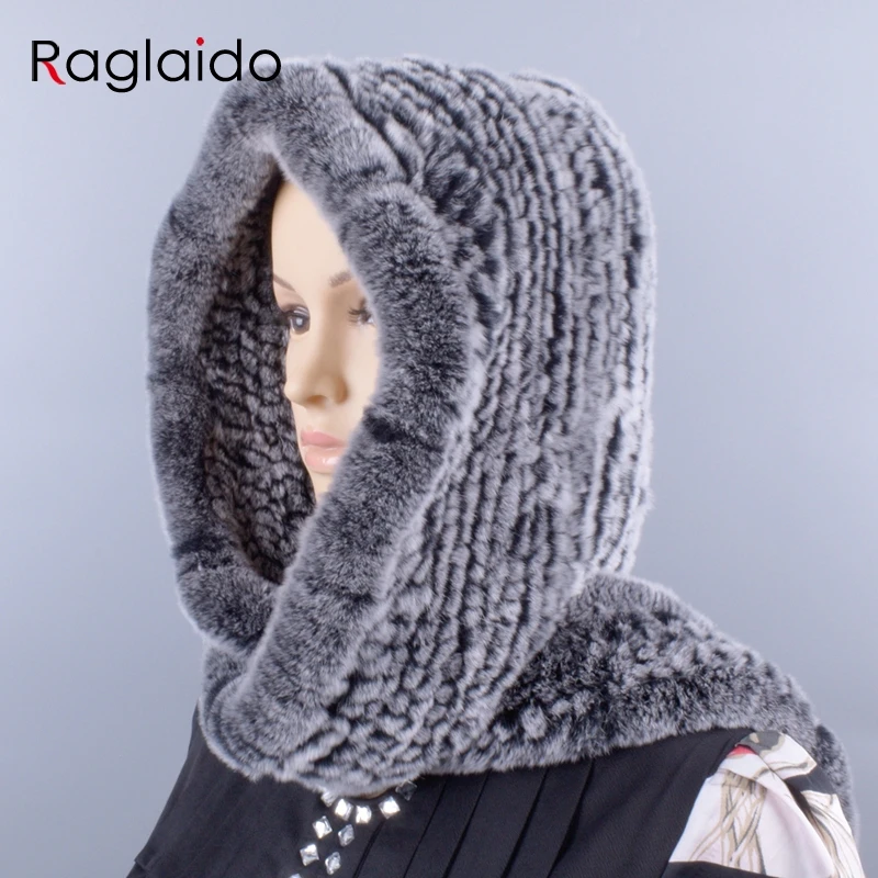 Kopen Raglaido gebreide konijnenbont kap real rex sjaal hoed voor vrouwen winter sneeuw warm cap 55 59 cm grote gebreide muts LQ11278