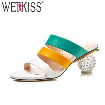 

WETKISS 2019 Summer Open Toe Mules Shoes Women Slippers Genuine Leather Ladies Slides Crystal High Heels Gladiator Rome Shoes