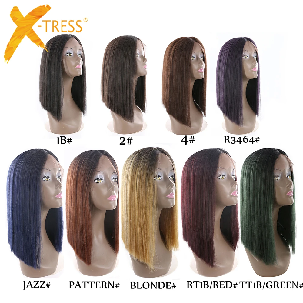 

Yaki Straight Lace Front Synthetic Hair Wigs High Temperature Fiber X-TRESS Ombre Green Color Short Blunt Lace Wig Middle Part