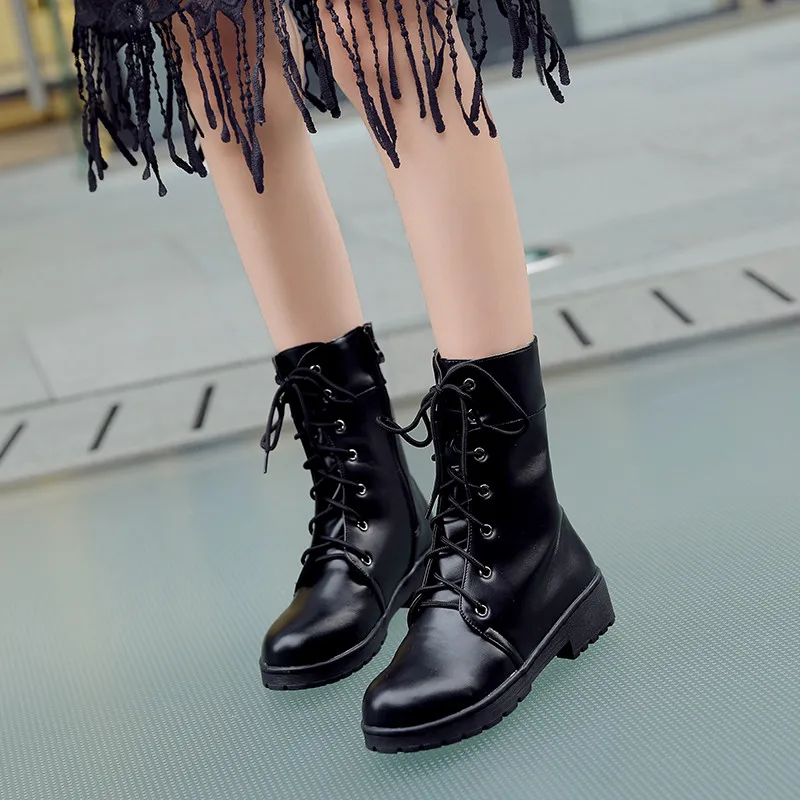 

YMECHIC Lace Up White Black Ankle Boots Autumn Cross Tied Womens Winter Boots Female Bootie Military Combat Boots Plus Size 2018