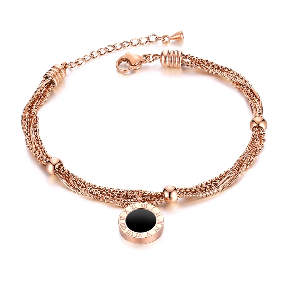 

Stainless Steel White Black Shell Roman Numerals Round Multi-layer Chain Bracelet Bangle Rose Gold Color Woman Party Gift