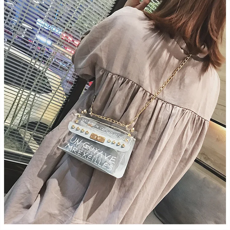 Womens Candy Color PVC Transparent Crossbody Bag 2pcs sets Rivets Letter Print Messenger Bags Fashion Girls Clear Chain Tote bag (13)