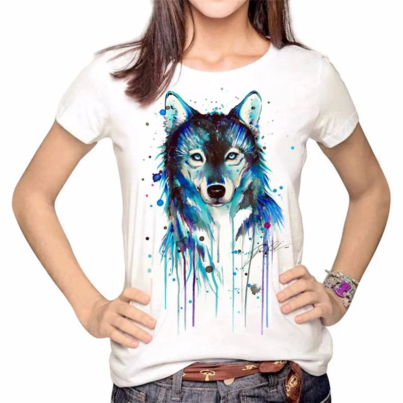 

LUS LOS Watercolor Wolf Painting T Shirt Women Harajuku Tshirt White Summer Casual O-neck Shirt Female Super Soft Tee Tops