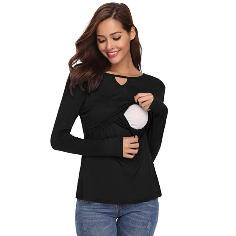 Женская туника с длинным рукавом и кружевным подолом для беременных, топ, блузка, официальная одежда для женщин, элегантное женское платье hamile elbise для мам и кормящих мам - Цвет: Black
