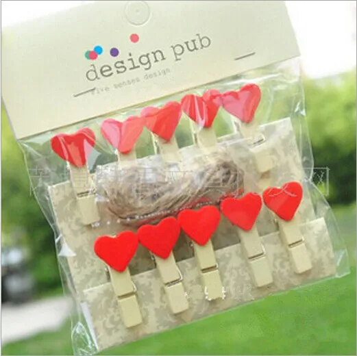 

Free Shipping 10pcs/lot Fashion Mini Red Love Heart Wooden Cartoon Photo Clip Clamps Cute Paper Clips with a String
