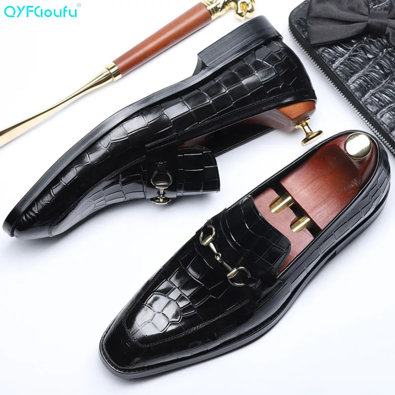 

QYFCIOUFU 2019 Newest Men Genuine Leather Italian Dress Shoes Crocodile Pattern Slip-on Wedding Party Shoes Male Designer Shoes