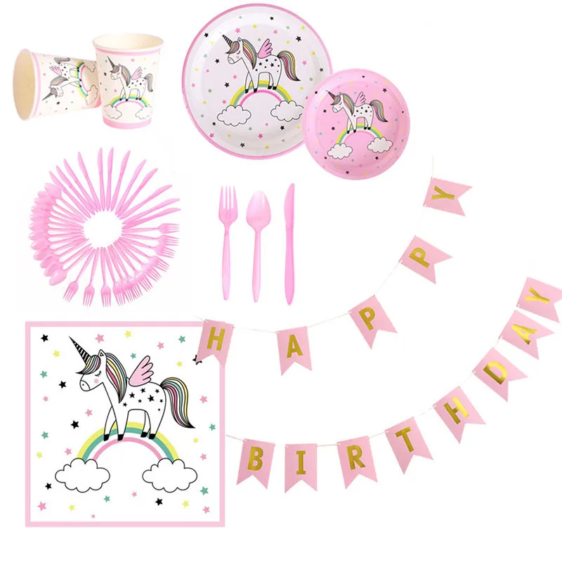 

110pcs/set Unicorn theme Disposable Tableware Paper Plate Cups Anniversary Birthday Party Decorations Kids Party Decor Supplies