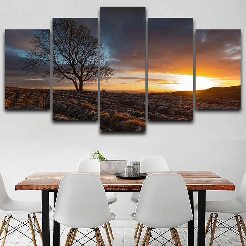 

Art Pictures Home Decoration HD Printed Posters Frame 5 Panel Beautiful Sunset Tree Landscape Modern Wall Living Room Painting