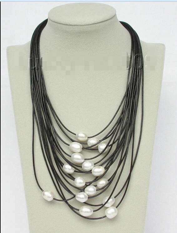 

Genuine 15row 14mm white pearls black leather necklace magnet clasp e1756