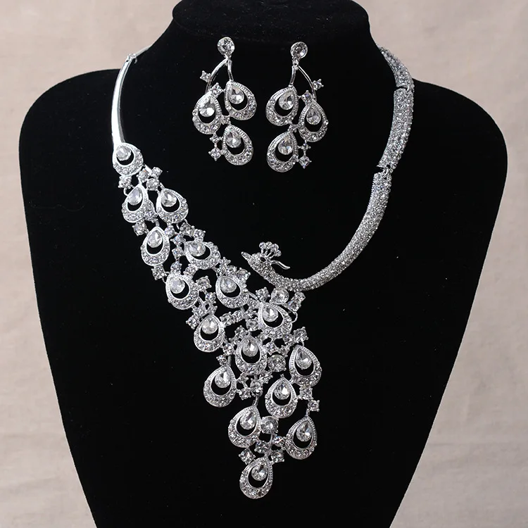 Gold Silver Color Rhinestone Peacock Bridal Jewelry Sets Crystal Statement Necklace Stud Earrings Set Wedding Jewelry Set bridal jewelry sets