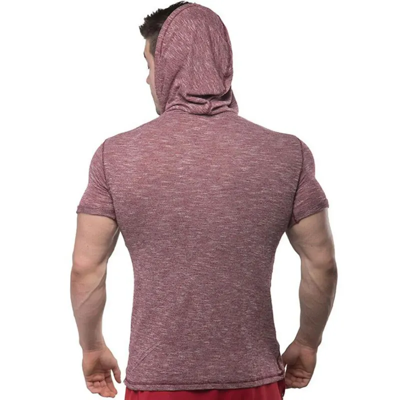 Новая спортивная рубашка для мужчин сухой облегающий для спортивного зала Crossfit футболка с капюшоном с коротким рукавом Фитнес футболка для спортзала тренировки Футболка для бега мужские топы
