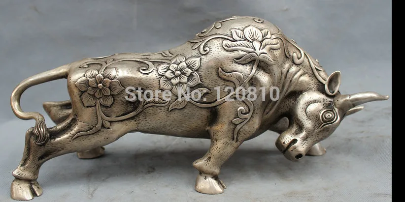 

16" Chinese Silver Folk Carved Animals Year Zodiac Flower Strong Bull Ox Statue