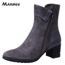 

MARHEE Ladies Shoes Genuine Leather Boot Female Boot Winter High Heels Snow Boots Woman Footwear 5.7cm Square heels