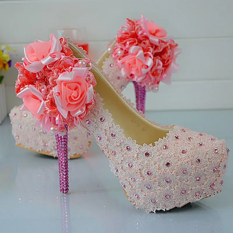 Pink Lace Flowers Bling Heels Women Wedding Shoes Sexy Slip ON Party ...