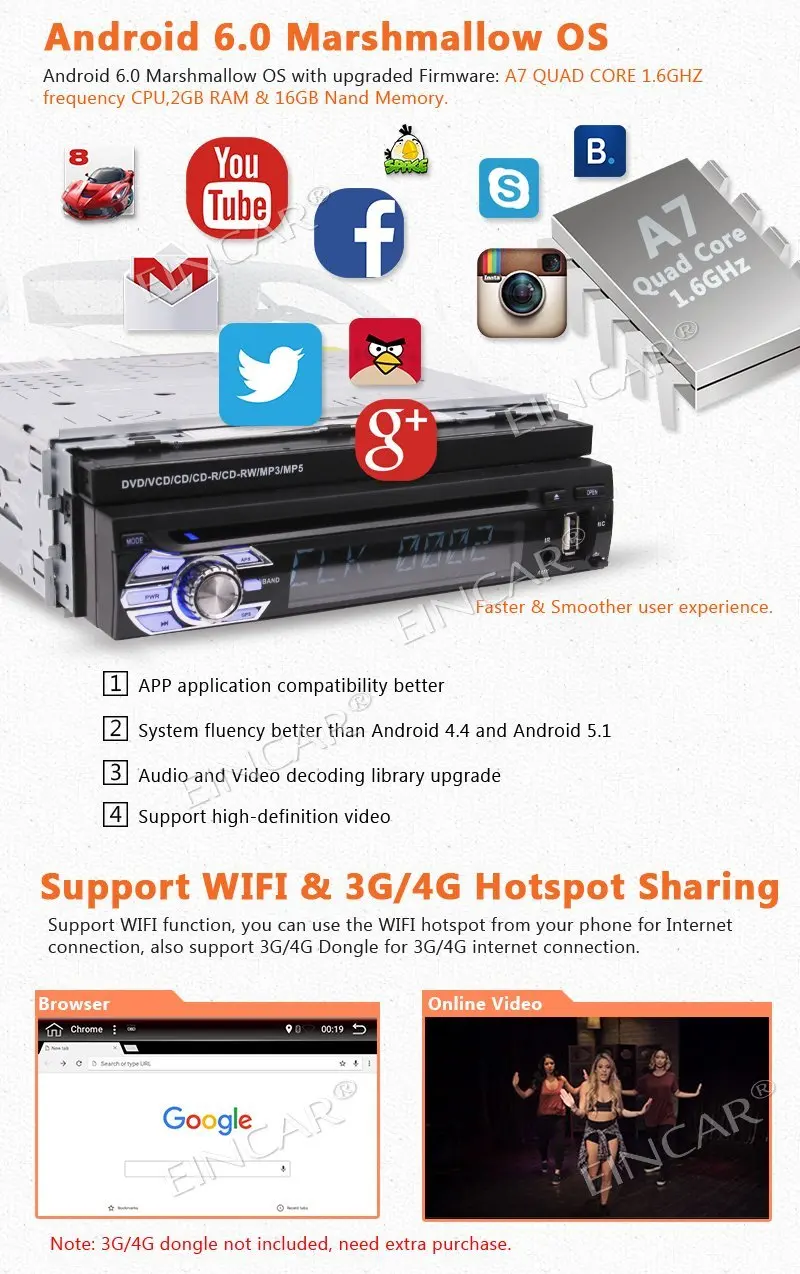 7 ''Android 6.0 стерео 1DIN GPS CD dvd плеер Поддержка WI FI 3G 4 г/Bluetooth/SWC /SD/сабвуфер/Cam в/AV ou/dab
