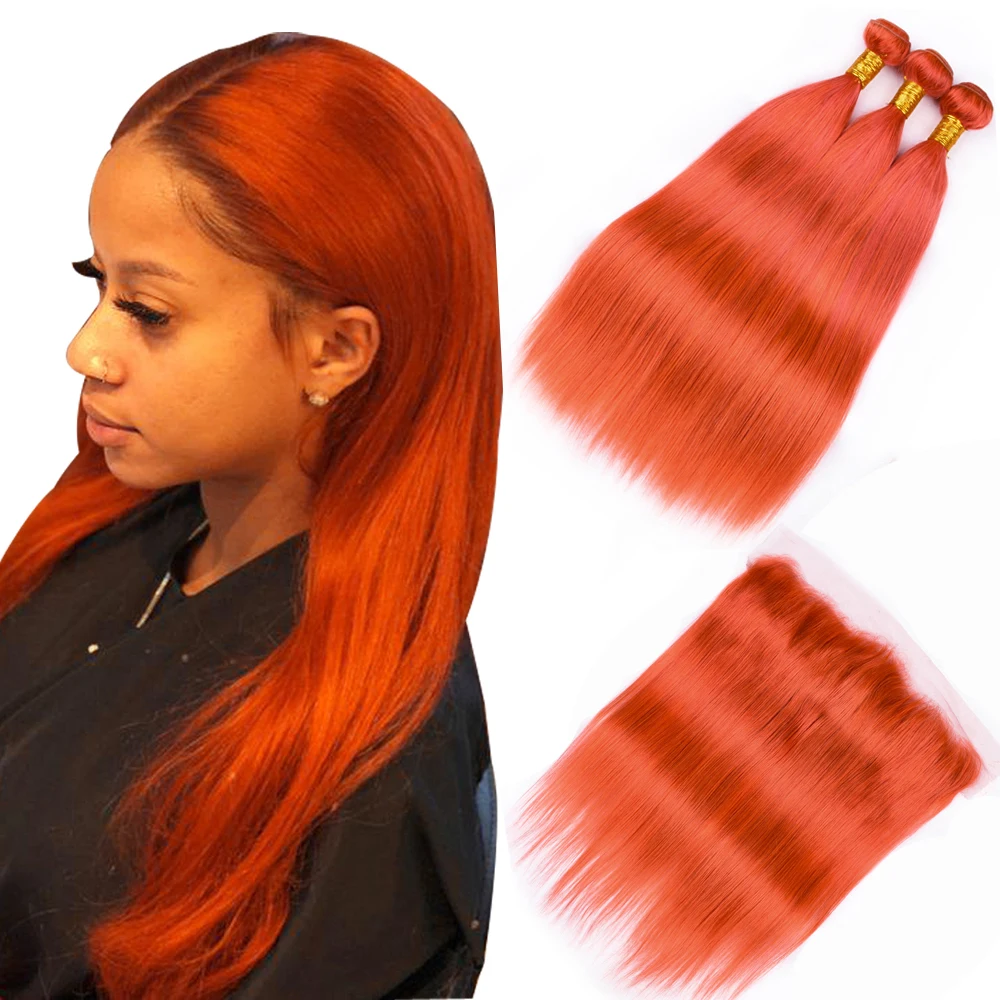 Sapphire Pre Colored Light Orange Brazilian Hair 3 Bundles With 13*4